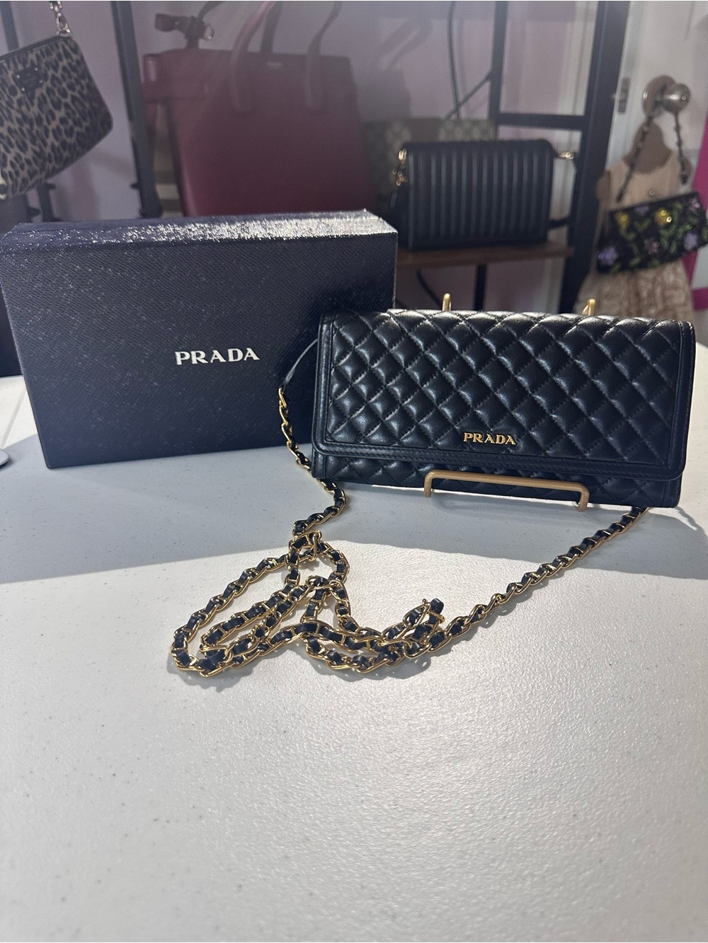 Prada Black Quilted Leather Crossbody Wallet with Gold Chain